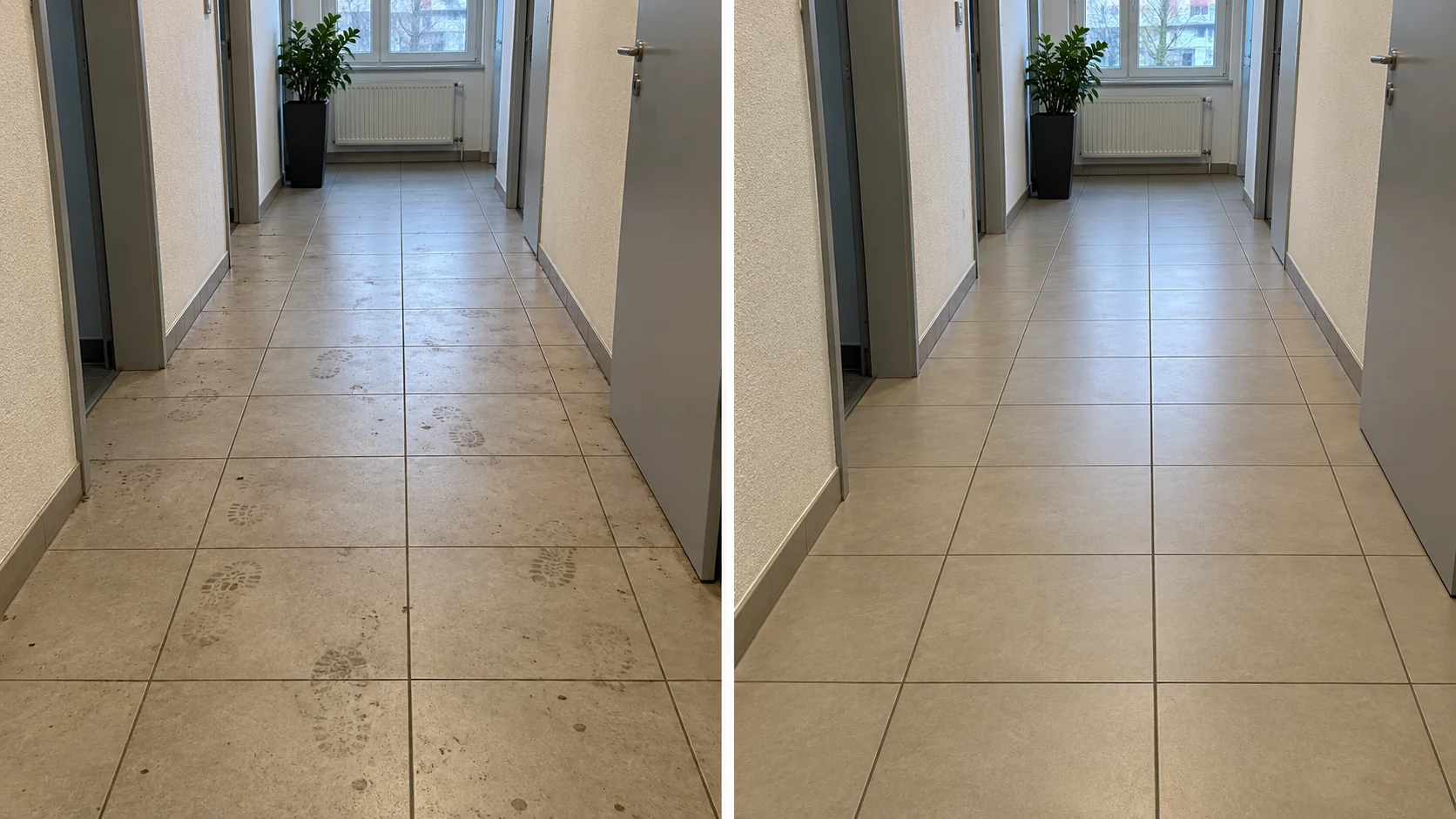Bildpaar eines Büroflurs vor und nach der Bodenreinigung
