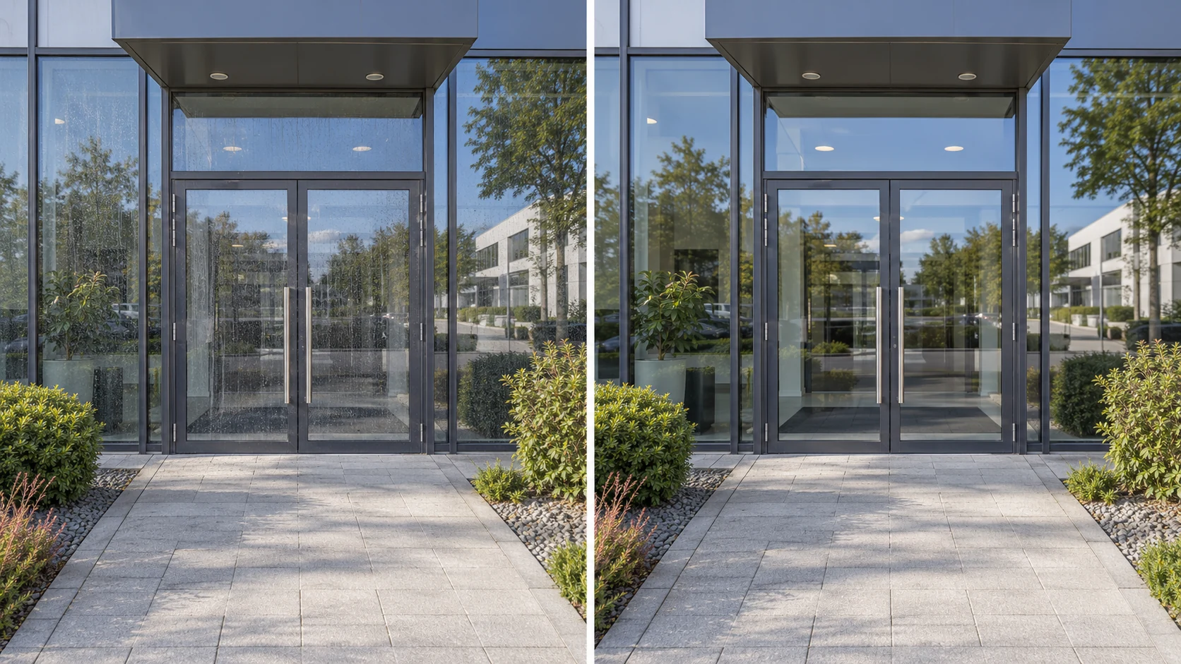 Bildpaar eines Eingangsbereichs vor und nach der Glasreinigung